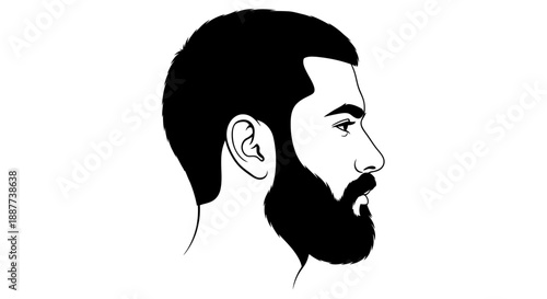 Man's Head Profile with Full Beard, Simple Masculine Style, isolated white background.