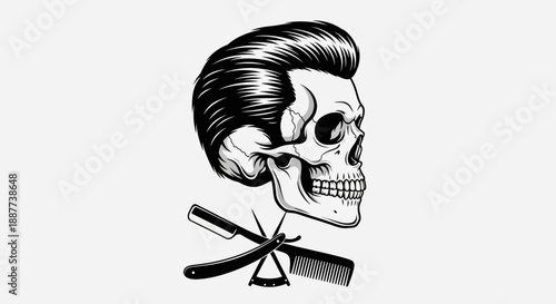 Skull with Stylish Haircut, Straight Razor, and Comb, Edgy Barbershop Concept in bright studio.