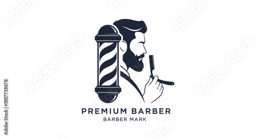 Stylish Man Profile with Beard, Barber Pole, and Straight Razor, Modern Barbershop Logo in bright studio.