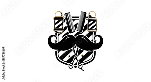 Vintage Barbershop Emblem with Mustache, Barber Pole, Scissors, and Comb, isolated white background.