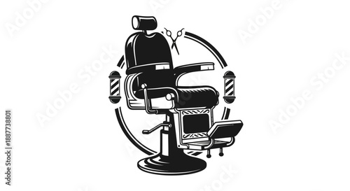 Classic Barber Chair with Pole and Scissors Emblem, isolated white background.