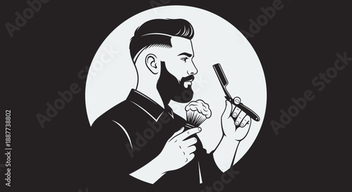 Stylish bearded man holding a straight razor and shaving brush in black and white background circle.