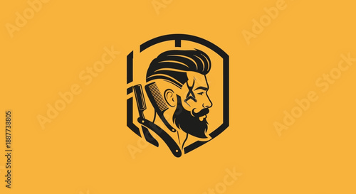 Modern bearded man's profile in a hexagon emblem for barbershop on solid yellow background.