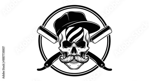 Edgy skull wearing a cap with crossed straight razor for barbershop logo on isolated white background.