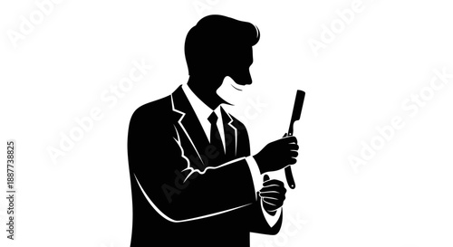 Silhouette of a professional barber holding a straight razor for shaving on isolated white background.