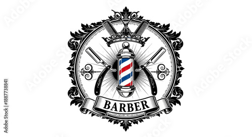 Ornate barbershop crest with barber pole, straight razors, and scissors in bright studio background.