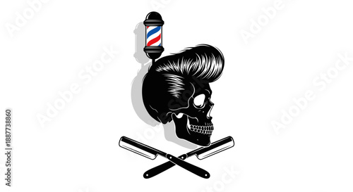 Skull with classic pompadour haircut, barber pole, and crossed straight razors in bright studio background.