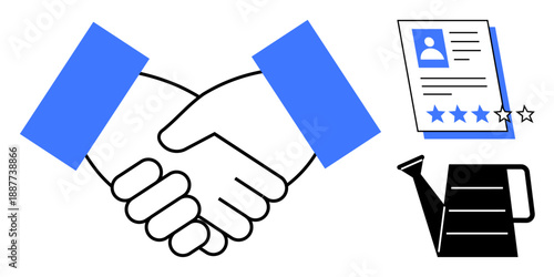 Handshake representing agreement and trust, resume with ratings reflecting recruitment, and watering can signifying growth. Ideal for partnership, hiring, cooperation, trust, success, nurturing