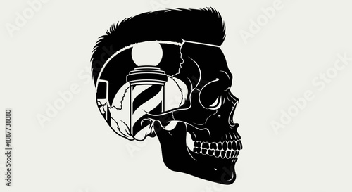 Edgy skull with modern haircut, barber pole, and electric shaver in bright studio background.