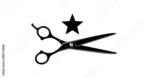 Professional barber scissors with star symbol for haircutting on isolated white background.