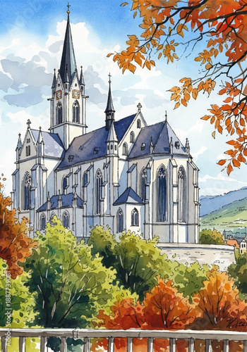 A beautiful watercolor painting of a historic church nestled amidst colorful autumn foliage, showcasing architectural grandeur and natural beauty