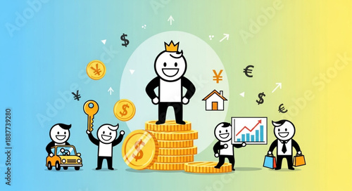 Business characters celebrating financial success and wealth accumulation.