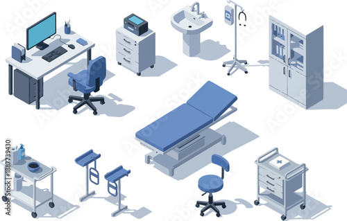Isometric Medical Clinic Furniture Set Detailed Hospital Room Elements