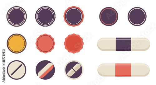 Flat design illustration of diverse circular badges and stylized medical capsules collection