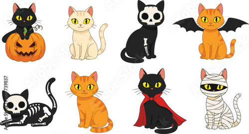 Halloween Cat Vector Set Featuring Spooky Black Cats in Costumes Like Vampire Mummy Skeleton and Bat Wings With Jack O Lantern Pumpkin for Festive Design.
