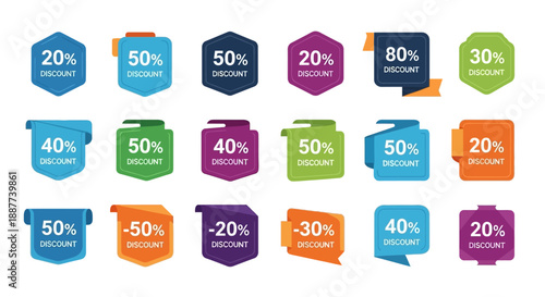 Vibrant collection of modern discount tags, promotional sale labels, and special offer badges