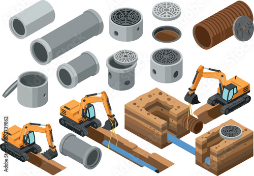 Concrete Pipe Construction and Drainage System Installation Isometric View