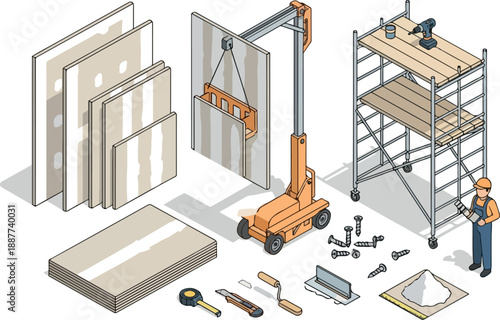 Construction Process Drywall Sheets Installation & Worker with Scaffolding Illustration