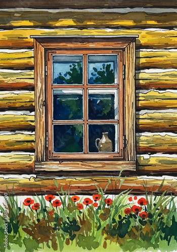 Rustic watercolor painting of a wooden cabin window with poppies in bloom, evoking a sense of rural charm
