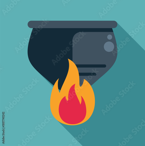 Cauldron with burning flame from below, creating a potion or magic brew