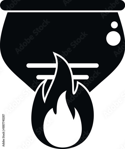 Cauldron with bubbling potion on a burning flame, representing magic and cooking
