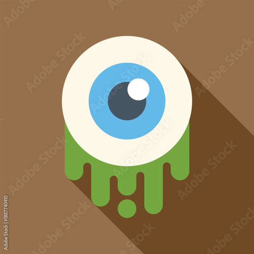 Eyeball with a blue iris and pupil, dripping green slime on a brown background