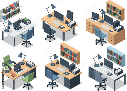 Isometric Office Workspaces Desks, Chairs, and Equipment