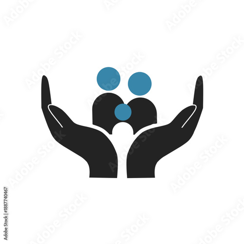 Happy family icon protected by caring hands. Vector illustration for insurance, family safety, support, healthcare, and community welfare concepts.