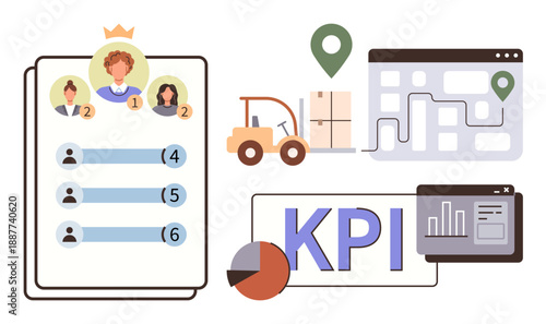 Business analytics, logistics management, team performance, supply chain tracking, goal metrics, operations planning. Icons of maps, KPI charts forklifts leaderboards. Logistics management