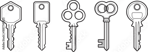 Five Black and White Outline Icons of Different Types of Keys white background