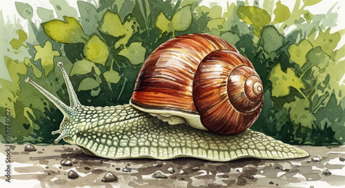 Detailed watercolor illustration of a garden snail moving through natural foliage and pebbles, showcasing earthy tones and intricate shell detail