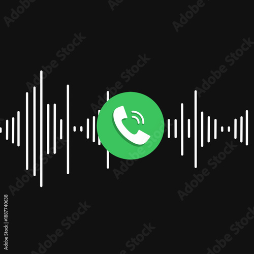Incoming call icon featuring a telephone handset in a green circle with white digital sound waves. Vector illustration for communication, voice calls, and technology.