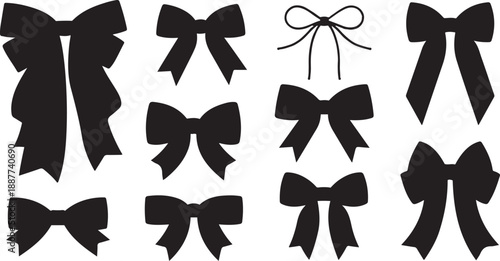 Collection of black bow silhouettes on a white background ribbon gift