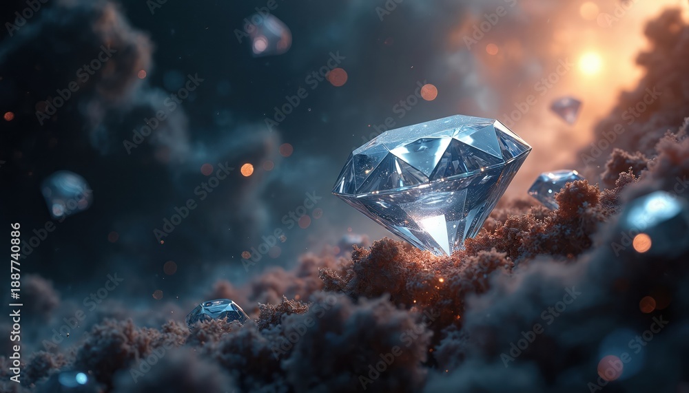 Obraz premium Sparkling diamonds float within a dark cosmic dust cloud, emitting soft light. Gems appear in space, illuminated by distant stars and nebulae, hinting at luxury and value.