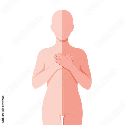 Stylized illustration of a faceless human body with hands crossed over the chest, split into two shades of pink.