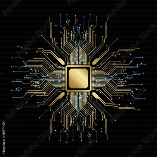 Golden Microchip Circuit Board Design Technology Abstract Art