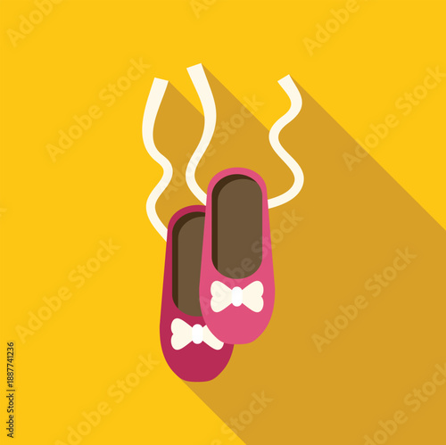 Pink ballet slippers icon with bows and ribbons on a yellow background