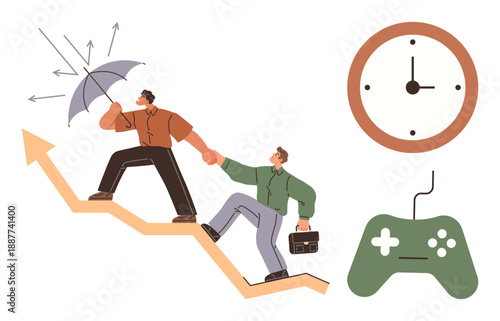 Collaboration, leadership, time management, risk assessment, growth strategies, gaming industry. Two individuals ascending an arrow while holding an umbrella and briefcase. Teamwork and leadership