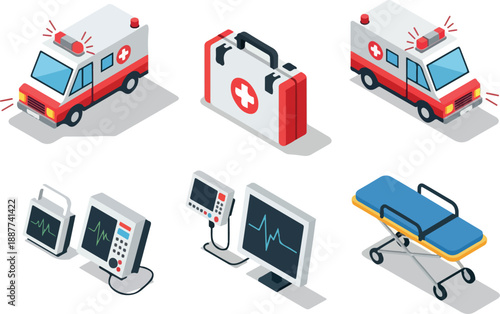 Isometric Vector Illustrations of Emergency Medical Equipment for Healthcare