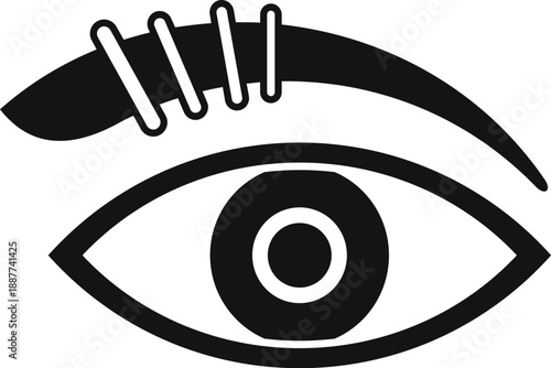 Eye with stitches on eyebrow indicating injury, operation, or medical treatment