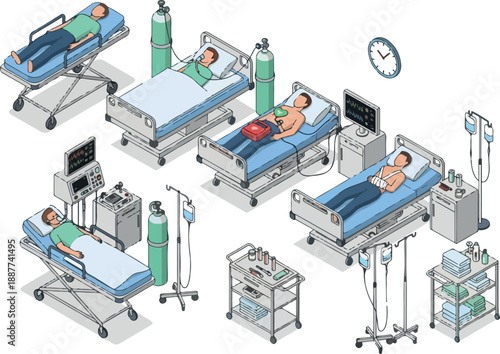 Hospital Beds with Patients Medical Care Illustration