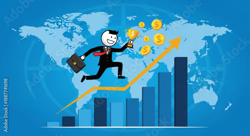 Business man jumping over graph with coins and world map background.