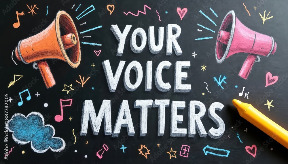 Naklejka premium Chalkboard message Your Voice Matters with two megaphones and colorful doodles. Features a yellow crayon for drawing. Bright, motivational, and expressive art.