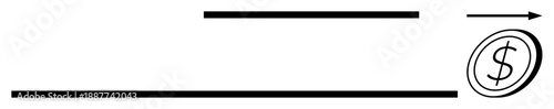 Payment systems, financial growth, currency transfer, cash flow, banking, digital transactions. Dollar symbol encircled with arrow pointing forward and horizontal lines. Payment systems and financial