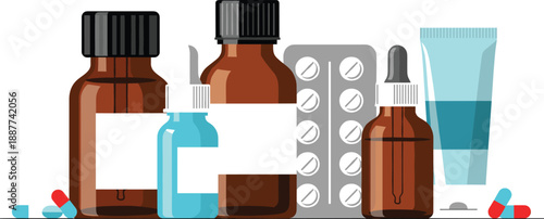 Medicine bottles and pills illustration set with droppers blister packs and ointment tubes for pharmacy healthcare designs