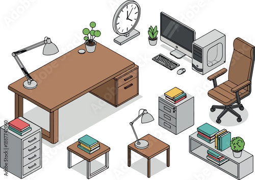 Isometric Office Space Illustration with Desk, Chair, and Accessories