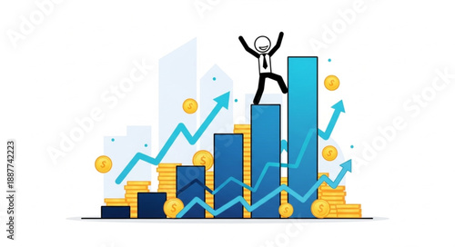 Business man celebrating success on top of growing financial graph.