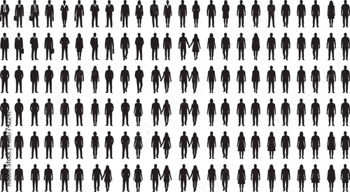 arge Set of People Silhouettes Walking Alone and in Couples in Various Outfits for Urban Life Street Scene and Social Interaction Design Isolated on White