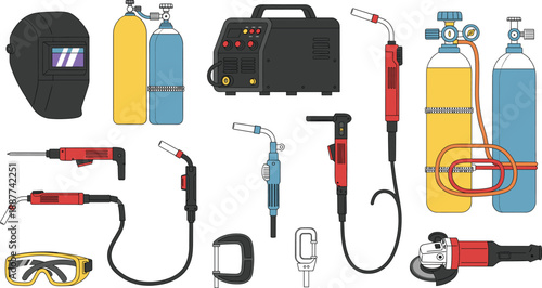 Welding equipment illustration set with mask gas cylinders torches cables and power machine for industrial workshop use