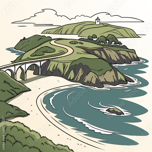 Scenic landscape with bridge and hills